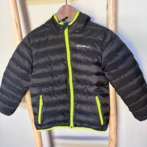 Eddie Bauer Kids Hooded Down Puffer Jacket Youth S Black Neon Green Full Zip